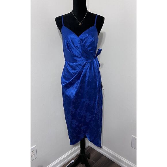 Lulus Royal Blue Satin Floral Jacquard Midi Wrap Dress NWT Small - Picture 5 of 15